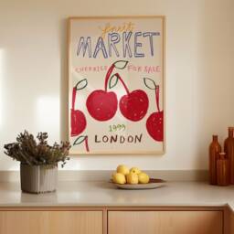 Cherries Fruit Market Print, Print Wall Art, Retro Kitchen Home Decor Ideas, Dining Room Unframed - thumbnail 2