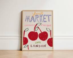Cherries Fruit Market Print, Print Wall Art, Retro Kitchen Home Decor Ideas, Dining Room Unframed - thumbnail 1