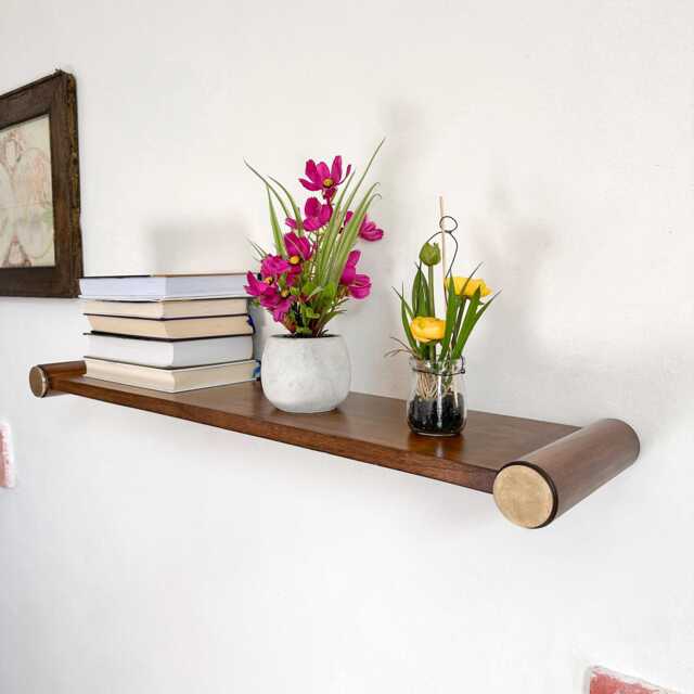 Wall Mounted Wood Shelf in Minimalist Design With Cylindrical Brass Supports, Mid-Century Modern Floating Shelves, Customizable Sizes - image 1