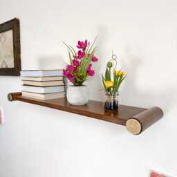 Wall Mounted Wood Shelf in Minimalist Design With Cylindrical Brass Supports, Mid-Century Modern Floating Shelves, Customizable Sizes - thumbnail 1