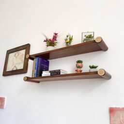 Wall Mounted Wood Shelf in Minimalist Design With Cylindrical Brass Supports, Mid-Century Modern Floating Shelves, Customizable Sizes - thumbnail 3