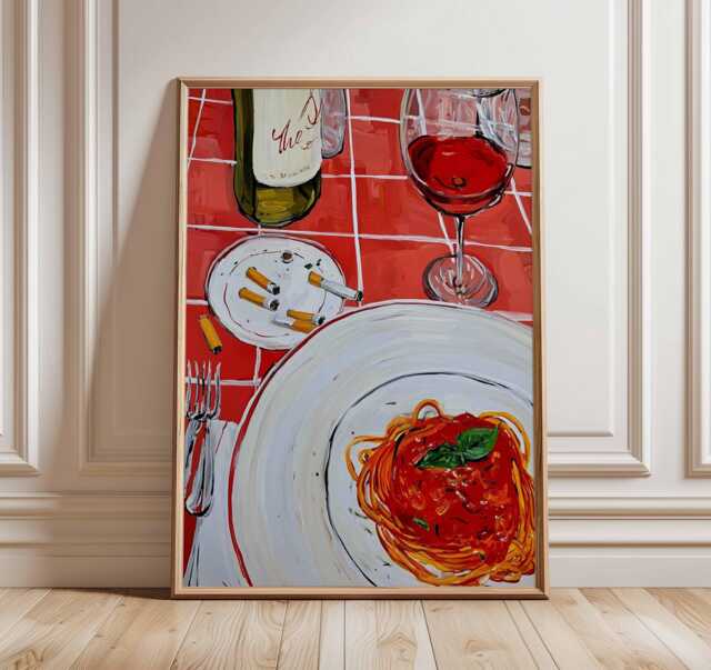 Italian Kitchen Wall Art Print, Spaghetti & Wine Poster, Modern Dining Room Artwork, Red Table Retro Food Illustration Decor - image 1