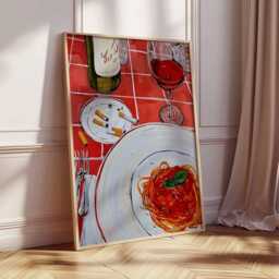 Italian Kitchen Wall Art Print, Spaghetti & Wine Poster, Modern Dining Room Artwork, Red Table Retro Food Illustration Decor - thumbnail 2