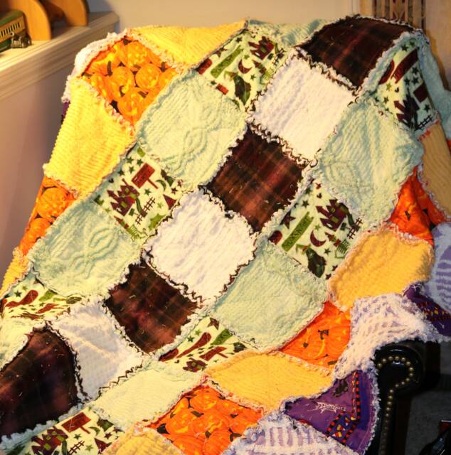 Upcycled Halloween Rag Quilt Vintage Chenille Throw - 56 X 56 - image 1
