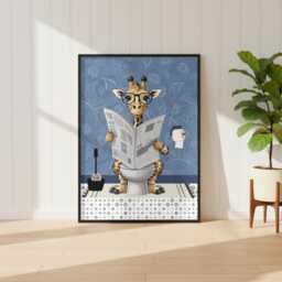 Giraffe On The Toilet in A Blue Bathroom Print. Funny Animal Bathroom Prints - thumbnail 1