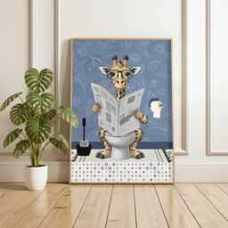 Giraffe On The Toilet in A Blue Bathroom Print. Funny Animal Bathroom Prints - thumbnail 3