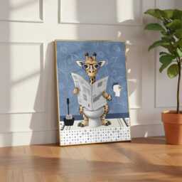 Giraffe On The Toilet in A Blue Bathroom Print. Funny Animal Bathroom Prints - thumbnail 2