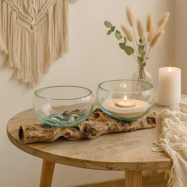 Molten Glass Double Bowl Natural Wood Log Base Boho Candle Centrepiece Home Decor - image 1