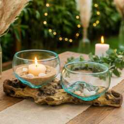Molten Glass Double Bowl Natural Wood Log Base Boho Candle Centrepiece Home Decor - thumbnail 4