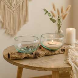 Molten Glass Double Bowl Natural Wood Log Base Boho Candle Centrepiece Home Decor - thumbnail 1