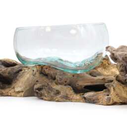 Molten Glass Double Bowl Natural Wood Log Base Boho Candle Centrepiece Home Decor - thumbnail 2
