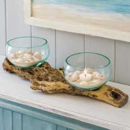 Molten Glass Double Bowl Natural Wood Log Base Boho Candle Centrepiece Home Decor - thumbnail 3