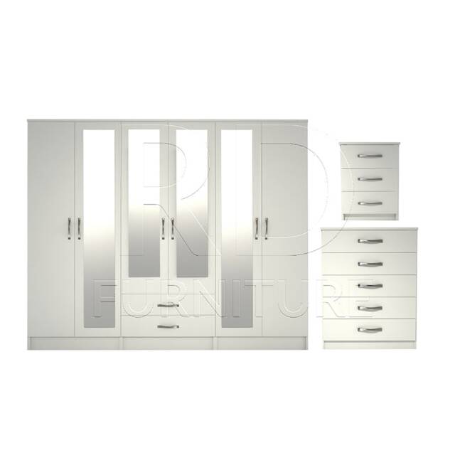 Bedroom Set, White Set, Wardrobe, Mirrored Chest Of Drawers & Bedside Table. Ready Assembled - image 1