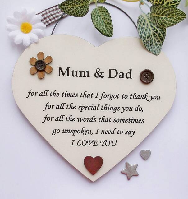 Mum & Dad Family Celebration/ Anniversary/Welcome Home Wooden Gift Heart Plaque - image 1