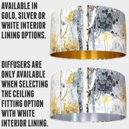 Silver Birch Tree Lampshade in Grey & Yellow With Gold Silver Or White Lining Option, For Ceiling Lamp Base 20cm To 40cm Diameters - thumbnail 2