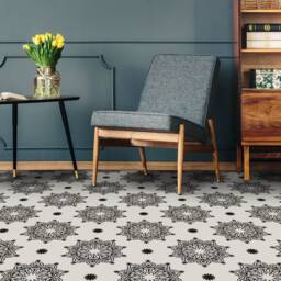 Mehndi Design Illustration Vinyl Flooring, Beige Retro Floor Art, Black Custom Oriental Decorative Abstract Decor - thumbnail 3