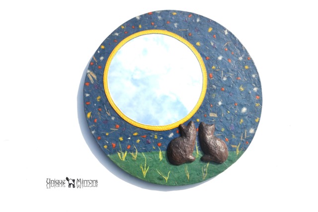 Large Moon Mirror With 2 Black Cats Silhouettes, Decorative Mirror For Walls, Cat Furniture, Home Decor, Round Mirror, Wall Art - image 1
