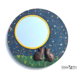 Large Moon Mirror With 2 Black Cats Silhouettes, Decorative Mirror For Walls, Cat Furniture, Home Decor, Round Mirror, Wall Art - thumbnail 3