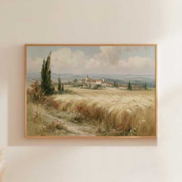 Wheat Field Poster, Village Landscape Print, Country Wall Art, Paper - image 1