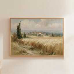 Wheat Field Poster, Village Landscape Print, Country Wall Art, Paper - thumbnail 1