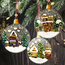 Set Of Balls Winter in Fairy Town Art Fused Glass Christmas Ornaments Vintage Style Hand Painted Tree Decoration