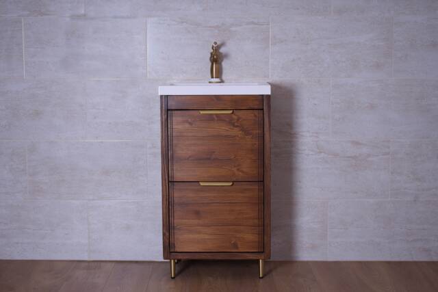 Hand-Crafted Chunky Wooden Bathroom Vanity Unit With Built-In Basin - Walnut Finish Brass Fixtures - image 1