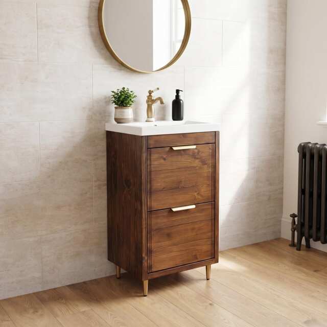 Hand-Crafted Chunky Wooden Bathroom Vanity Unit With Built-In Basin - Walnut Finish Brass Fixtures - image 1