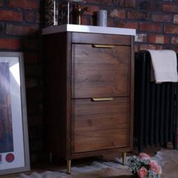 Hand-Crafted Chunky Wooden Bathroom Vanity Unit With Built-In Basin - Walnut Finish Brass Fixtures - thumbnail 2