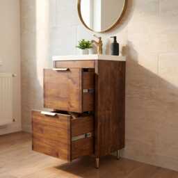 Hand-Crafted Chunky Wooden Bathroom Vanity Unit With Built-In Basin - Walnut Finish Brass Fixtures - thumbnail 2