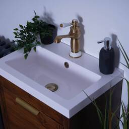 Hand-Crafted Chunky Wooden Bathroom Vanity Unit With Built-In Basin - Walnut Finish Brass Fixtures - thumbnail 3