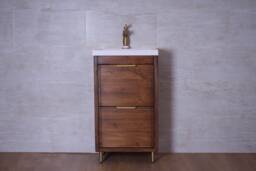 Hand-Crafted Chunky Wooden Bathroom Vanity Unit With Built-In Basin - Walnut Finish Brass Fixtures
