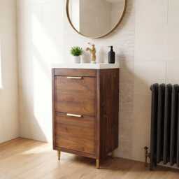 Hand-Crafted Chunky Wooden Bathroom Vanity Unit With Built-In Basin - Walnut Finish Brass Fixtures - thumbnail 4