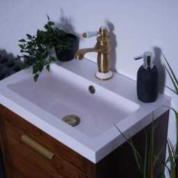 Hand-Crafted Chunky Wooden Bathroom Vanity Unit With Built-In Basin - Walnut Finish Brass Fixtures - thumbnail 3