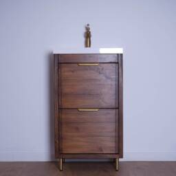 Hand-Crafted Chunky Wooden Bathroom Vanity Unit With Built-In Basin - Walnut Finish Brass Fixtures - thumbnail 4