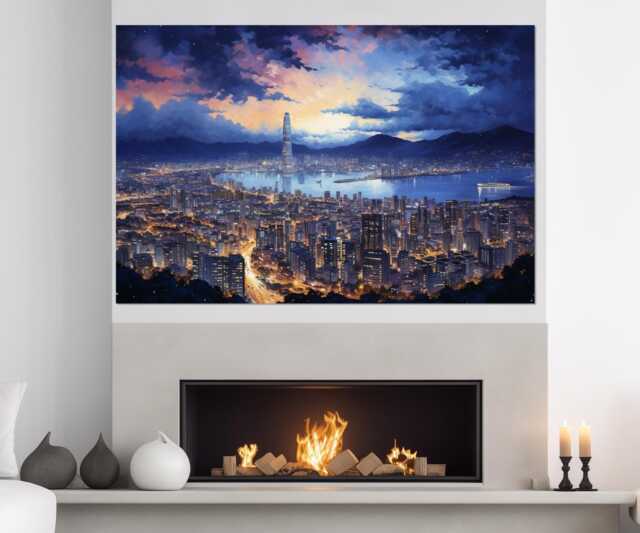 Night Seoul Skyline, Abstract Painting Canvas Print, South Korea Wall Art, Framed & Ready To Hang - image 1