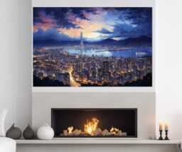 Night Seoul Skyline, Abstract Painting Canvas Print, South Korea Wall Art, Framed & Ready To Hang - thumbnail 1