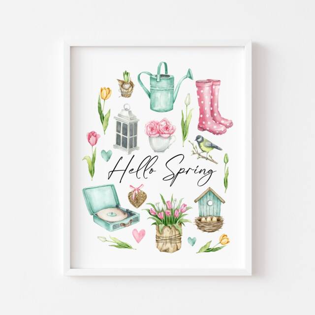 Hello Spring Watercolour Art Print Seasonal Home Decor - Unframed - image 1