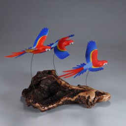 Macaw Parrot Trio Sculpture By John Perry Scarlet 7In Long On Burlwood Base - thumbnail 3