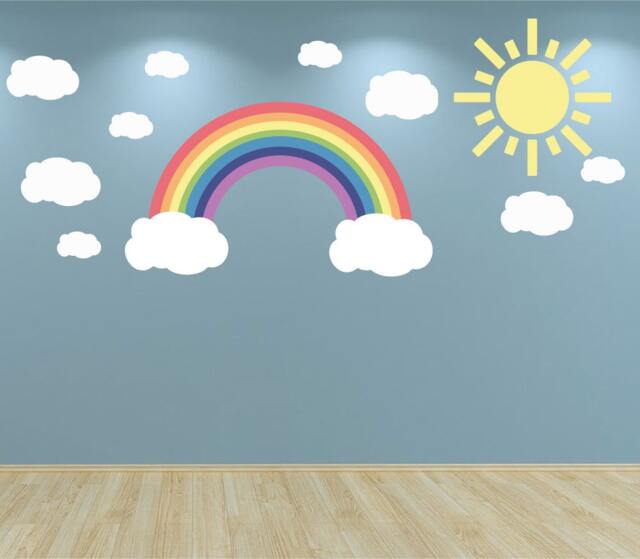 Wall Decal Sun Clouds & Rainbow Pastel Colours Kids Bedroom Nursery Playroom Baby Room Stickers