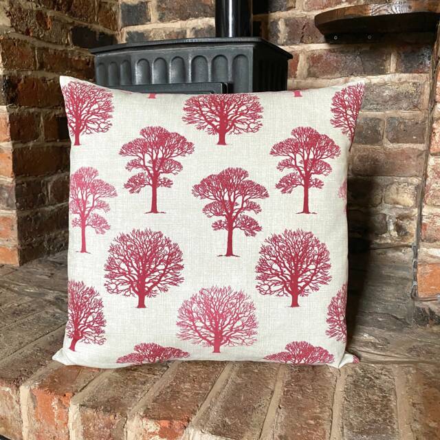 533. Trees in Red, Handmade 100% Cotton Cushion Cover. Various Sizes