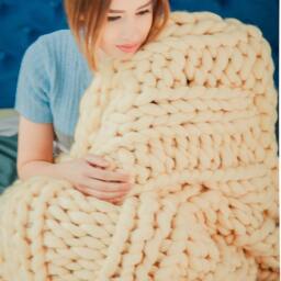 Hand Knit Chunky Merino Wool Blanket, Champagne - thumbnail 2