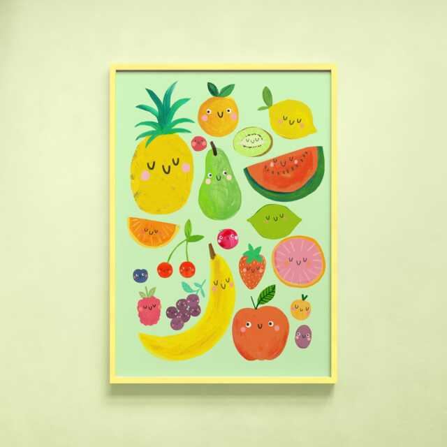 Happy Fruit Print - Cute Fruity Apple Banana Berry Kids Vegan Vegetarian Food Kitchen Gift Wall Art Home Decor Poster - image 1