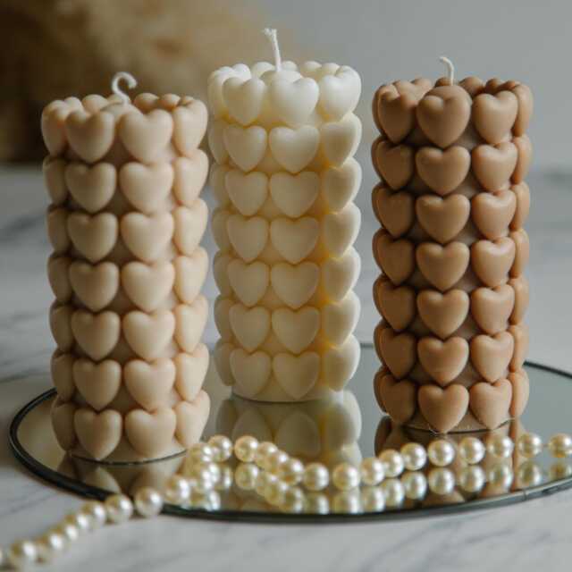 Beige Heart Pillar Candle - Handmade Neutral Decor Modern Romantic Gift - image 1