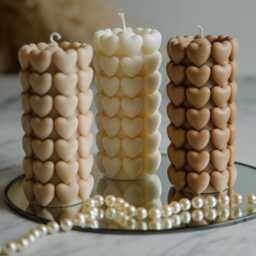 Beige Heart Pillar Candle - Handmade Neutral Decor Modern Romantic Gift - thumbnail 1