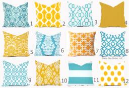 Pillow Cover Throw Accent - Aqua Turquoise Blue Yellow Modern Lattice Ikat 16x16, 18x18 - thumbnail 1