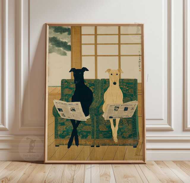 Greyhound & Whippet Poster Print - Japanese Interior Illustration Green Sofa Animal Artwork - image 1