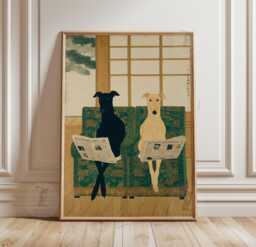 Greyhound & Whippet Poster Print - Japanese Interior Illustration Green Sofa Animal Artwork - thumbnail 1
