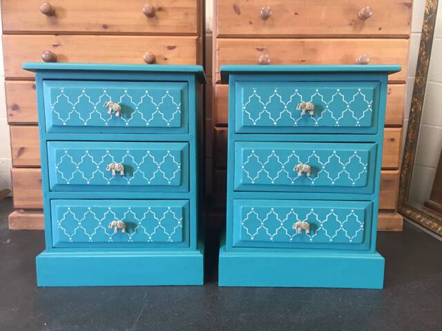 Pair Of Bedside Tables Painted Bespoke Moroccan Teal - image 1