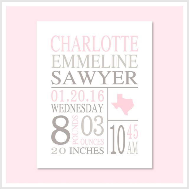 Birth Announcement Wall Art For Baby Girl, Stat Personalized Gift, Vitals Pink Gray Nursery Decor, New Baby Keepsake - image 1