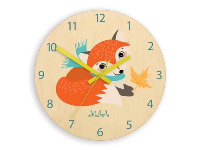 Kids Wall Clock - Fox Autumn With Personalizen Name, Wood Clock, Large Clock Childrens Room Wall Art Woodland - image 1